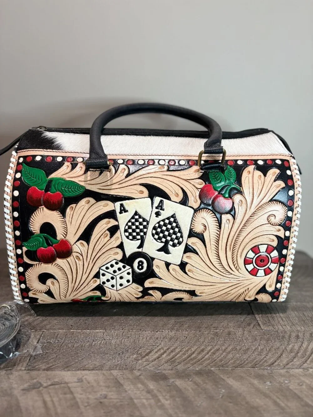 Hand Painted Tooled Leather Large Satchel Barrel Bag Cowhide Leather